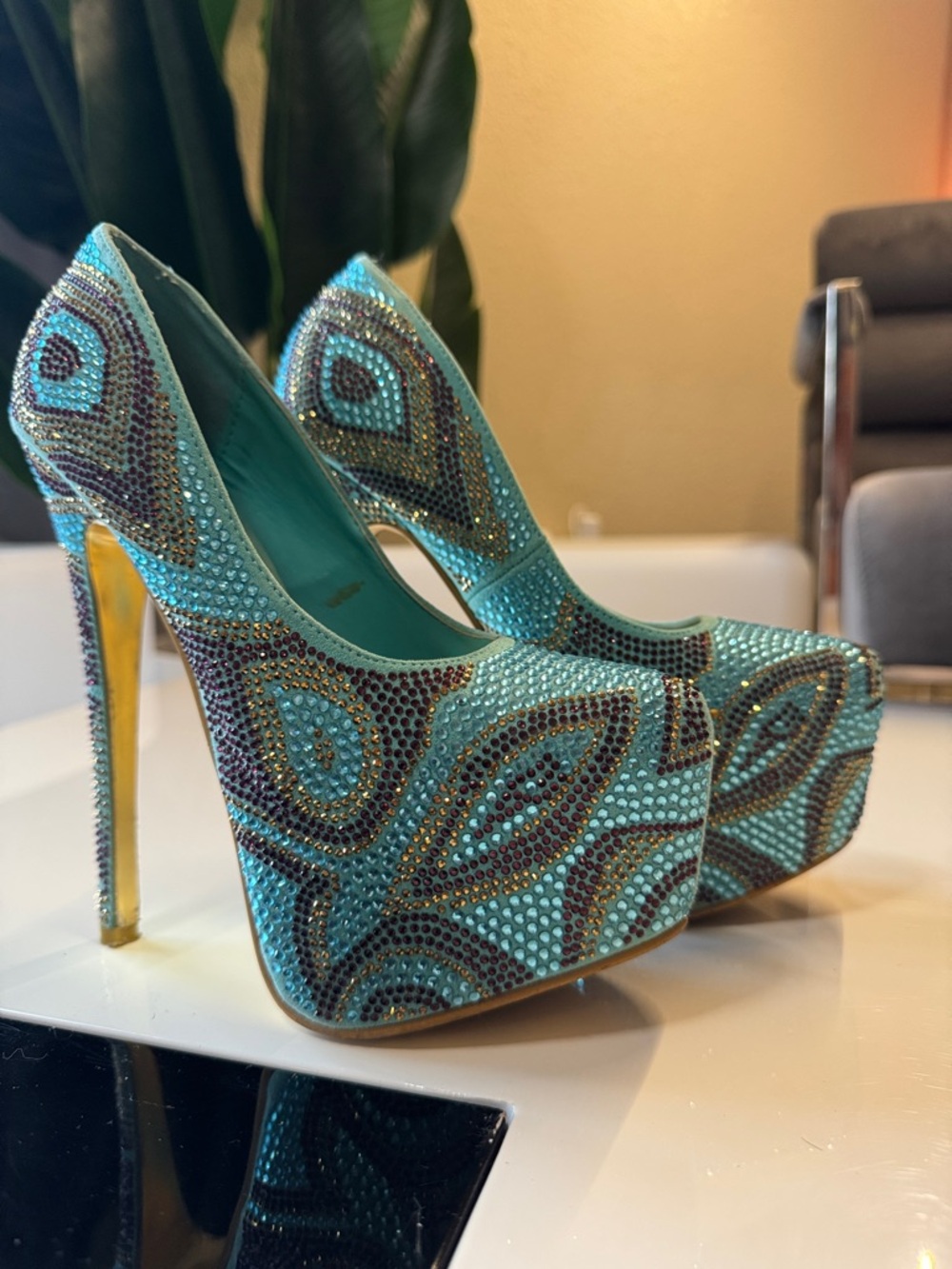 Alba Turquoise Crystal Embellished Platform Pumps 6” heel